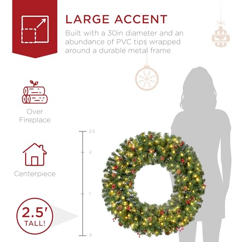 Best Choice Products 60in Large Artificial Pre-Lit Fir Christmas Wreath Holiday Accent Decoration w/ 300 LED Lights, 930 PVC Tips