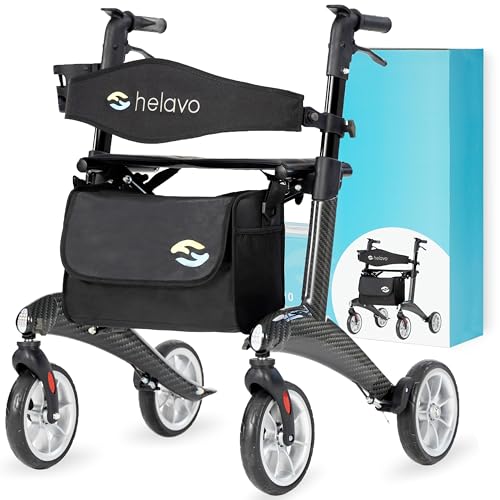 Helavo Ultralight Carbon Fiber 4-Wheel Rollator Walker for Seniors - Lightweight (12.3 lbs), 25.2" Width, 300 lbs Capacity, 8" Wheels, Foldable