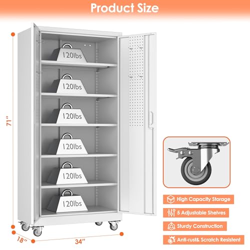 71" Metal Storage Cabinet with Wheels and Pegboard, Lockable Rolling Steel Storage Cabinet with 5 Adjustable Shelves and Door for Garage, Office