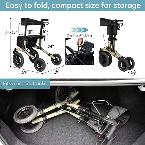 ELENKER All-Terrain Rollator Walker with Non-Pneumatic Tire 12” Front Rubber Wheels, Compact Folding Design for Seniors (Orange)