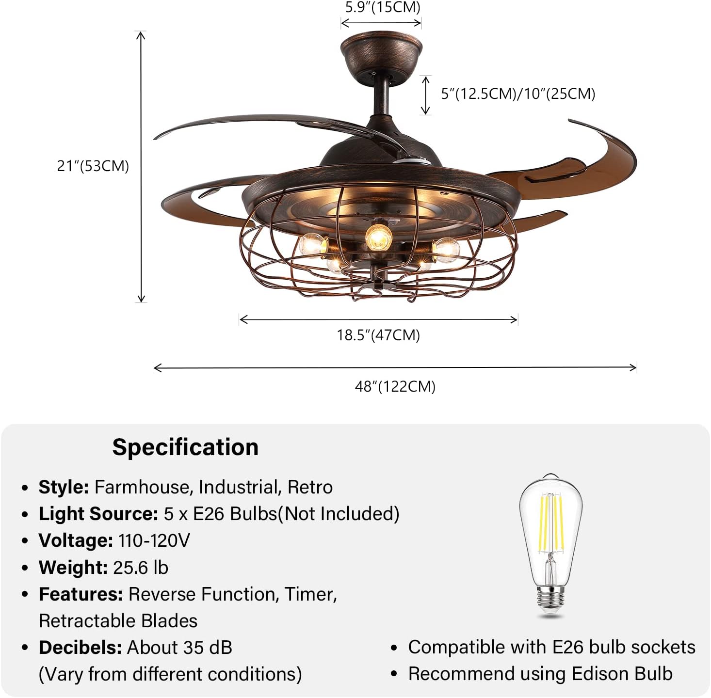 SILJOY 48 Inches Industrial Ceiling Fan with Lights, Vintage Cage Ceiling Fan with Remote Control, 6 Fan Speed