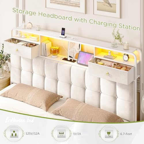 EnHomee King Size Bed Frame with 4 Storage Drawers King Bed Frame with Headboard Built in Charging Station and LED Lights, No Noise