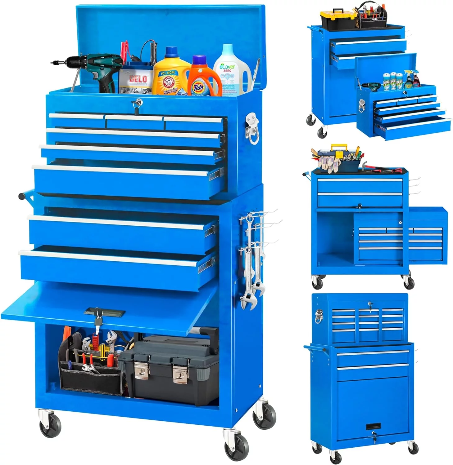 2-IN-1  Tool Chest & Cabinet, Large Capacity 8-Drawer Rolling Tool Box Organizer with Wheels Lockable Craft, Black