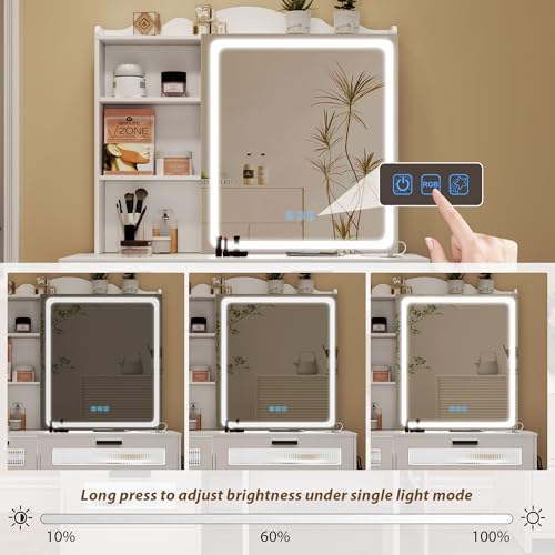Vanity Desk with Mirror and Lights, RGB LED Makeup Vanity Desk with Charging Station, Vanity Table with Stool & Sliding Touch Mirror