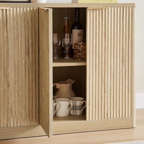 67" Fluted Oak Buffet Cabinet Sideboard with Storage, Large Credenza with 6 Doors