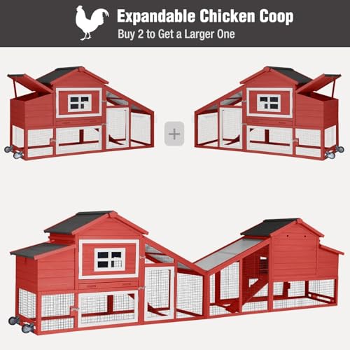 Chicken Coop with Wheels, Mobile Outdoor Chicken House with Leakproof Pull-on Tray, Nesting Box, Waterproof Roof - Red