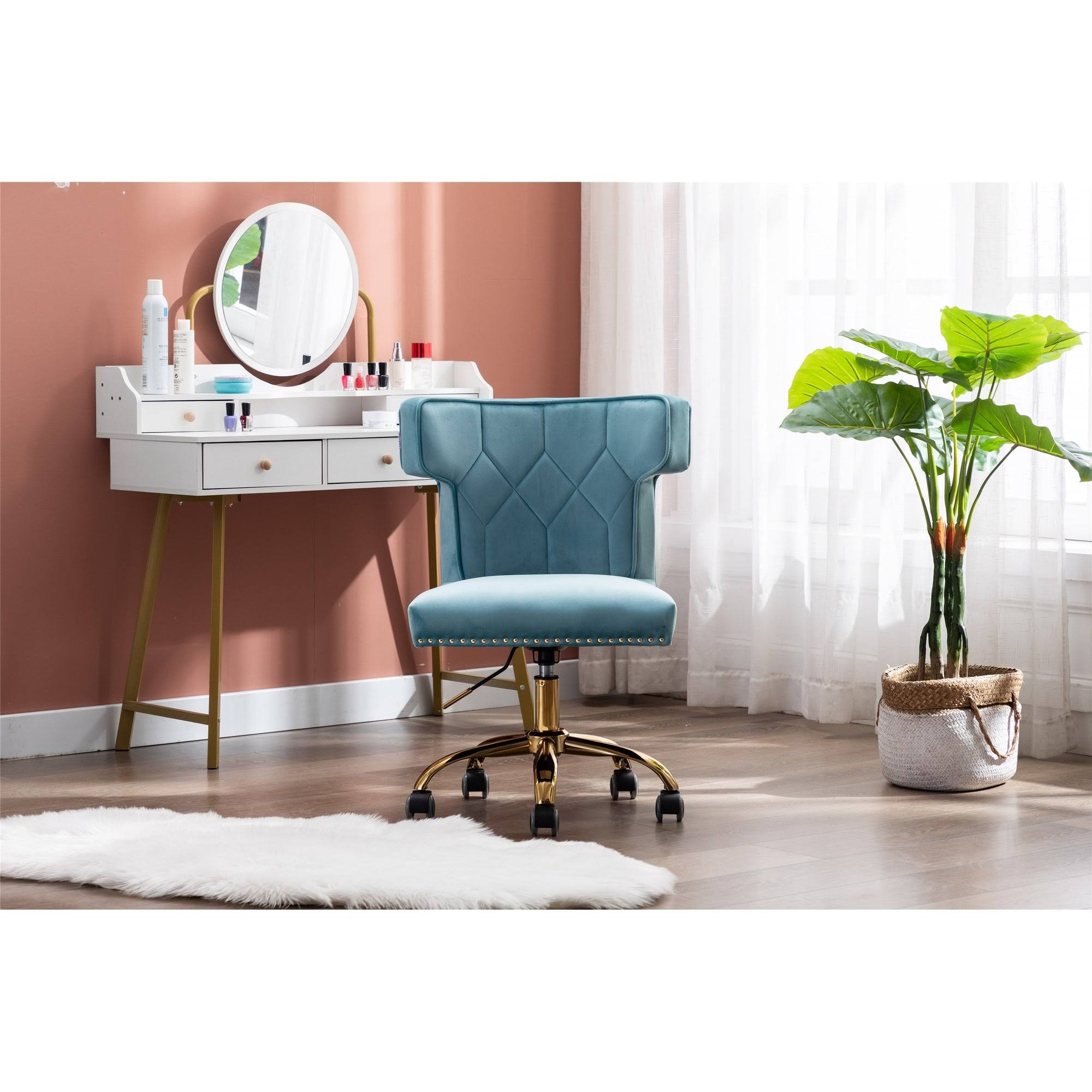 HOMEFUN Navy Velvet Upholstered Swivel Homeoffice Height Adjustable Task Chair with Gold Base and 360° Castor Wheels, Blue