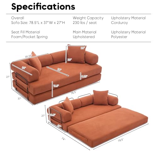 Convertible Sleeper Sofa Bed with Cylindrical Pillow, Corduroy Folding Mattress Couch with Fixed-Shape Frame