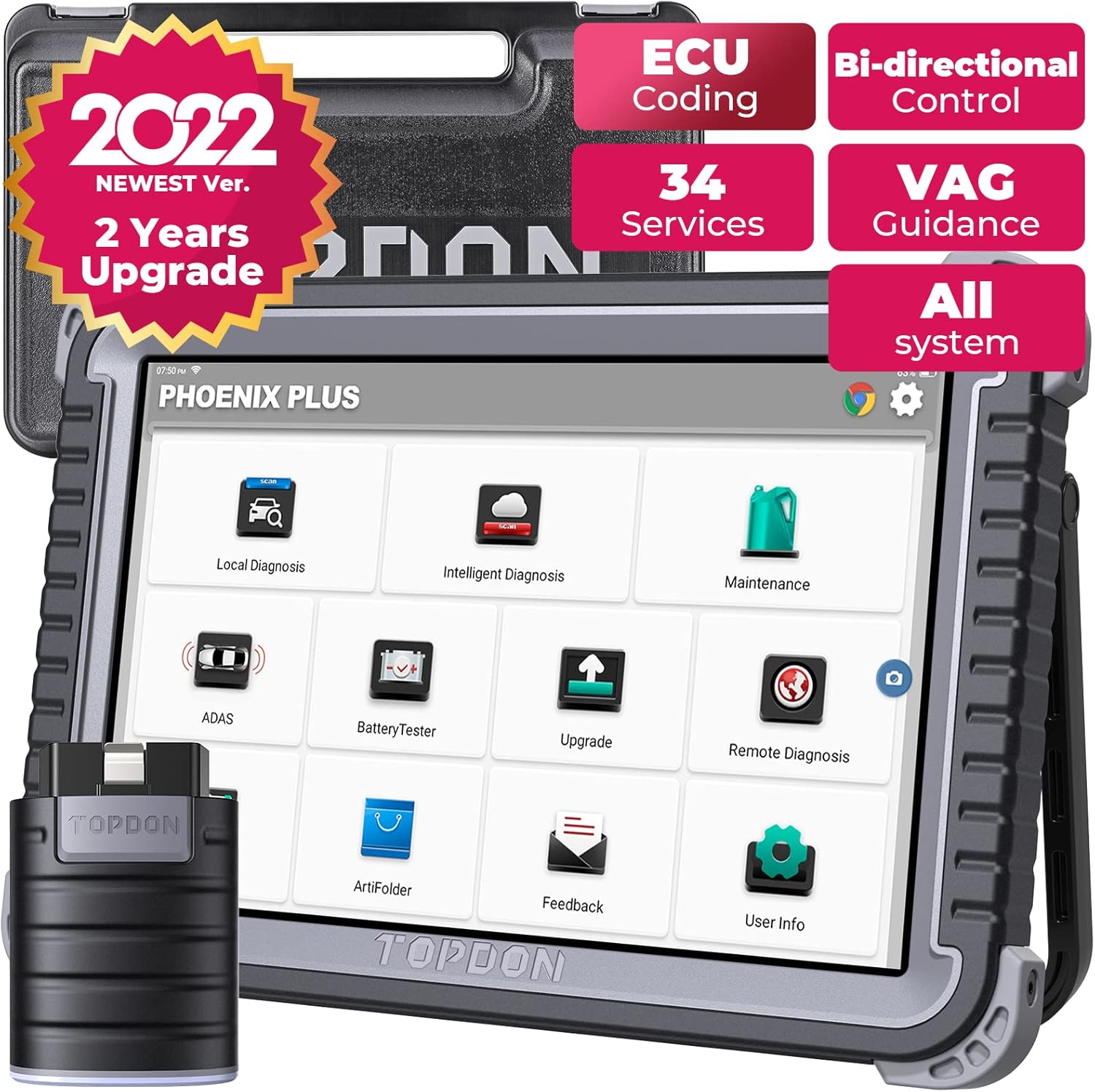 Diagnostic Tool TOPDON Phoenix Plus Bidirectional Scan Tool with 10.1-inch Screen Advanced ECU Coding, Key Matching, All System Scanner