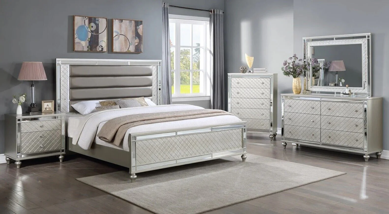 Modern Glam Style 5pc King Size Upholstery LED Bed Dresser Mirror Nightstand Wooden Master Bedroom Furniture Set