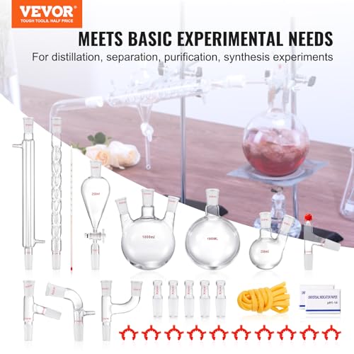 VEVOR New Laboratory Glassware 24/40 Chemistry Glassware 29PCS Chemistry Lab Glassware Kit 250 1000ml for Distillations Separation Purification