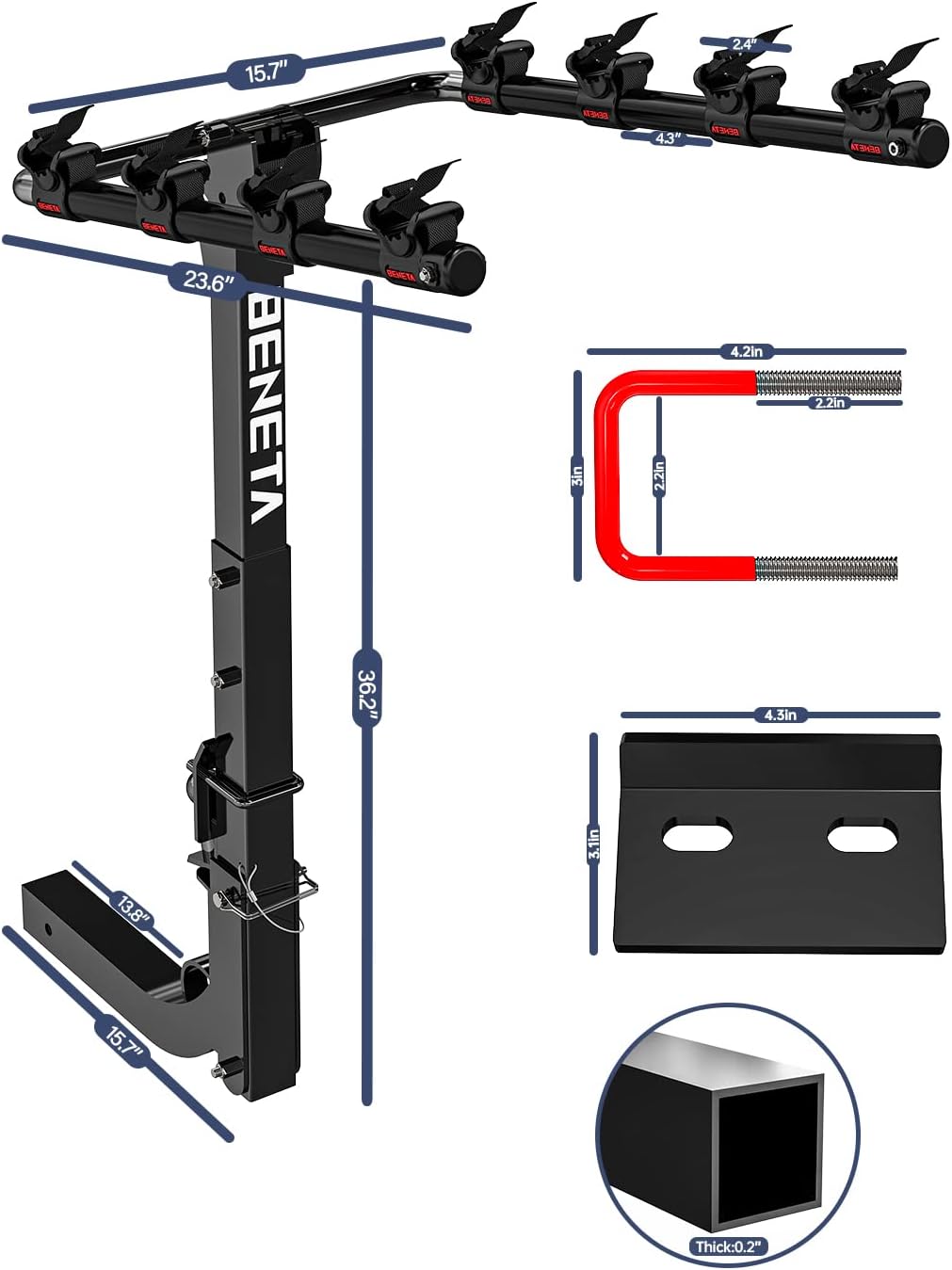 Bike Rack for Car, BENETA Bicycle Car Rack with 2'' Hitch Tightener, Heavy Duty 4 Bike Hitch Mount Rack Foldable Swing Down Bike Carrier Rack for Car