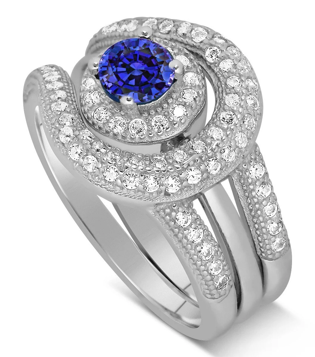 Unique and Luxurious 2.25 Carat Halo Art Deco Designer Round Shape Blue Sapphire Moissanite Diamond Wedding Ring Set in 10k White Gold