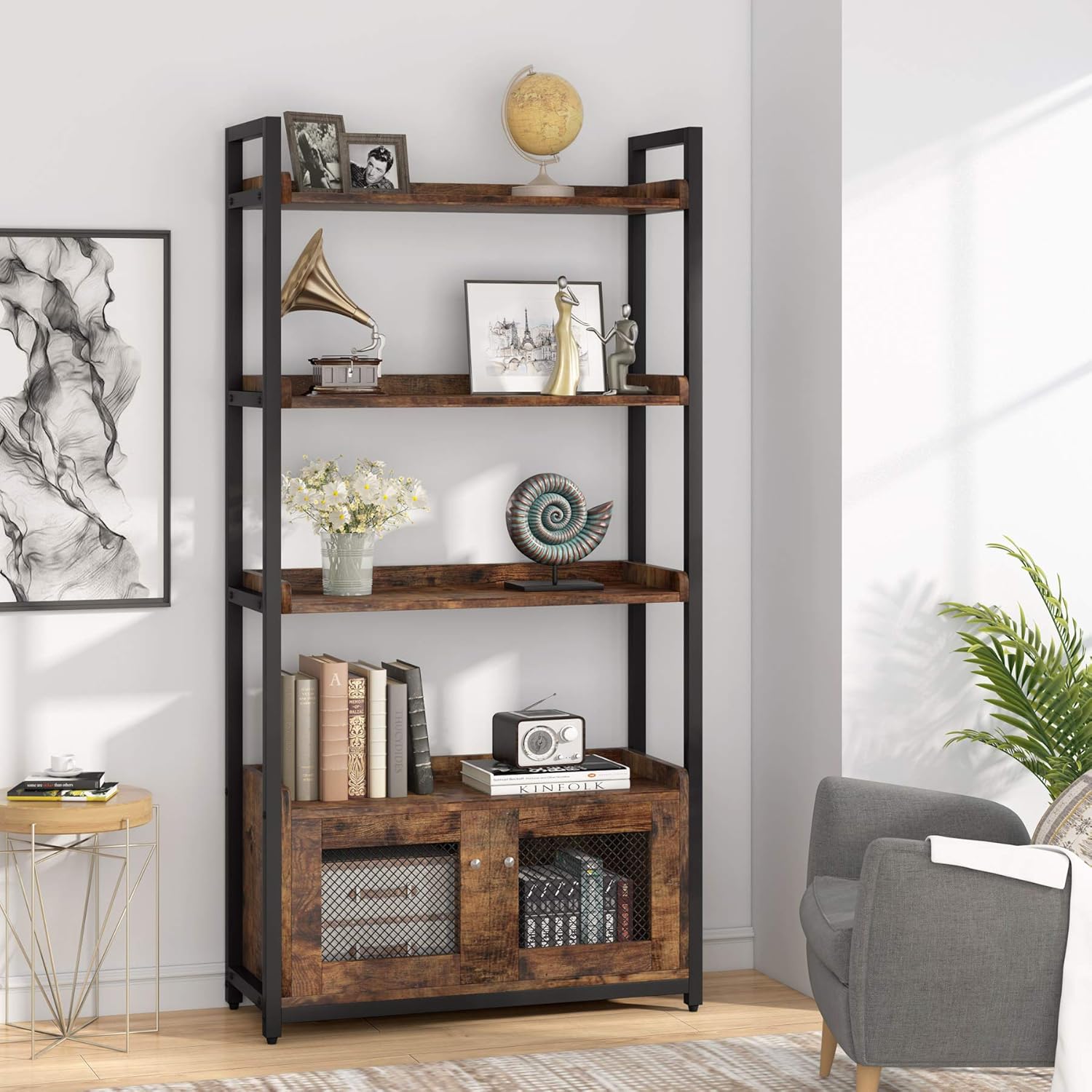 Tribesigns Industrial Bookshelves and Bookcase with 2 Storage Cabinets