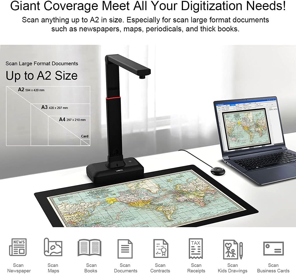 VIISAN A2 Large Format Overhead Book & Document Scanner, 23MP High Resolution, Auto-Flatten & Fingerprint Removal Technologies