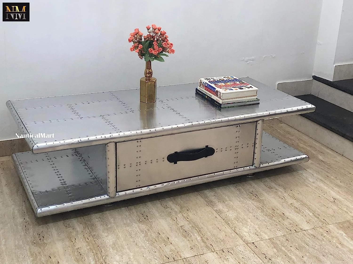 NauticalMart Aviator Coffee Table with Drawers Aluminum Rectangular Center Tea Table Housewarming Gift