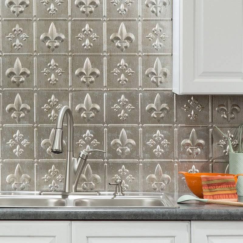 Fasade 18in x 24in Fleur De Lis Vintage Metal Backsplash Panel (5 Pack)