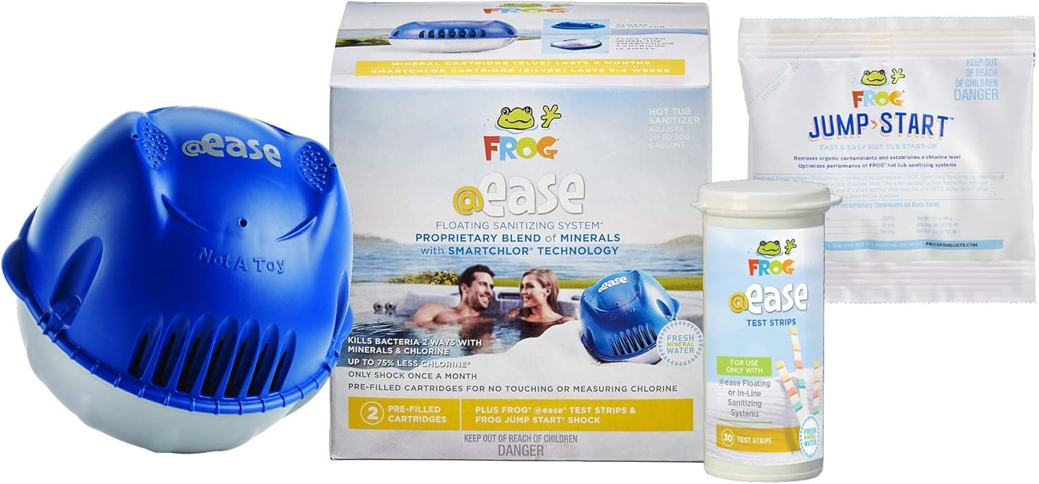 Spa Frog @Ease Floating System and 3 Refill SmartChlor Ease Replacement Mineral Cartridges, 30 Test Strips