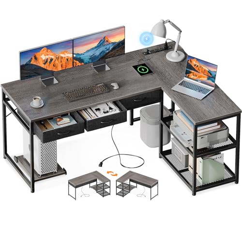AODK 53 Inch L Shaped Computer Desk with Drawers, Corner Desk with Power Outlets & Reversible Storage Shelves