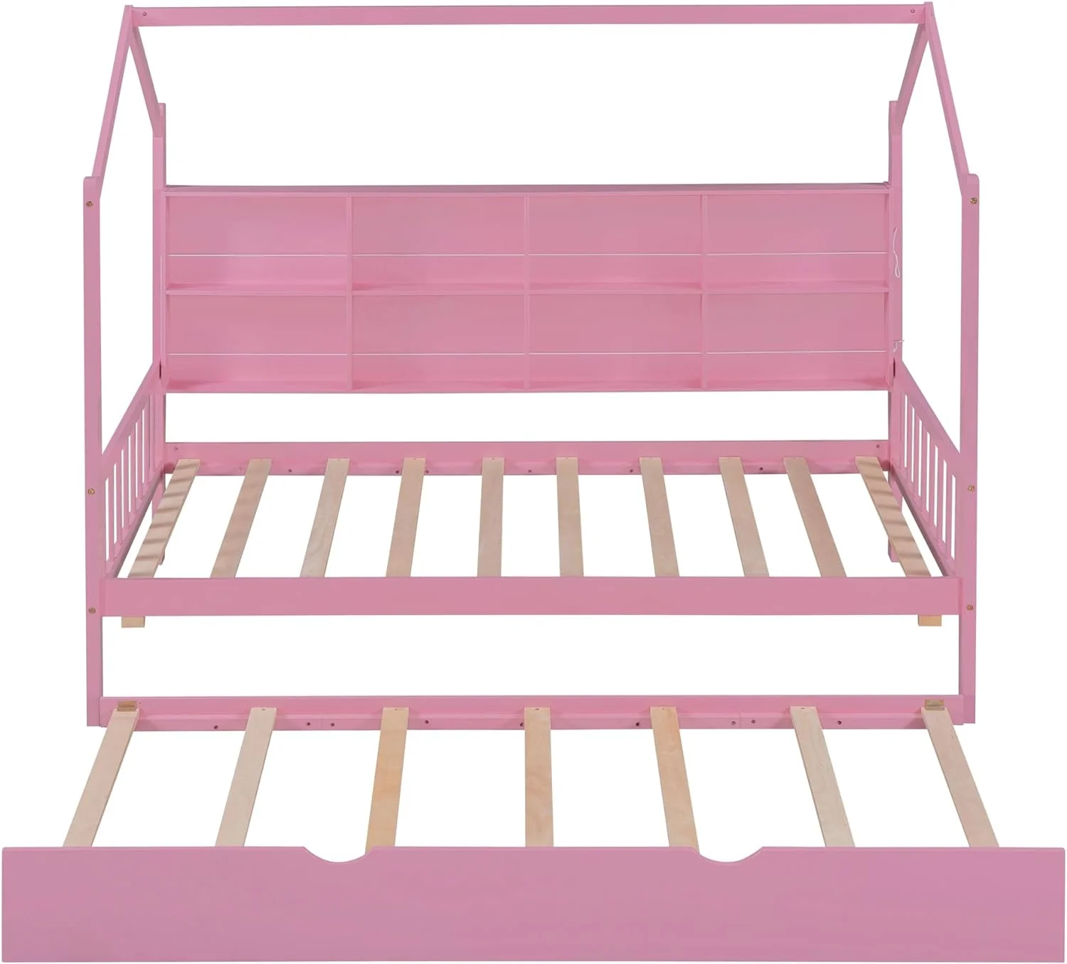 Wooden Twin Size House Bed with Trundle, Kids Bed with Storage Shelf, House Shaped Bed Platform Bed for Kids