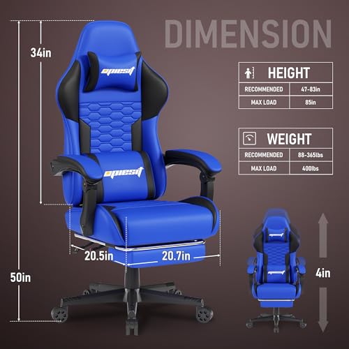 Gaming Chair, Computer Office Chair with Footrest, Linkage Armrests and Lumbar Support, High Back Ergonomic Gamer Chairs for Adults, Blue Fabric