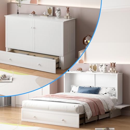 PUREMIND Murphy Bed Cabinet with Mattress Included, Queen Murphy Chest Beds with 2 Storage Drawers, Hideaway Cabinet Bed with USB Charging Station