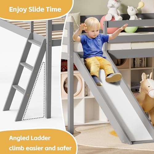 OLEAD Low Bunk Bed with Slide, Floor Loft Bed with Climbing Ladder, Wood Twin Bunk Bed Frame with Full Guardrails & Storage Space for Kids Toddler