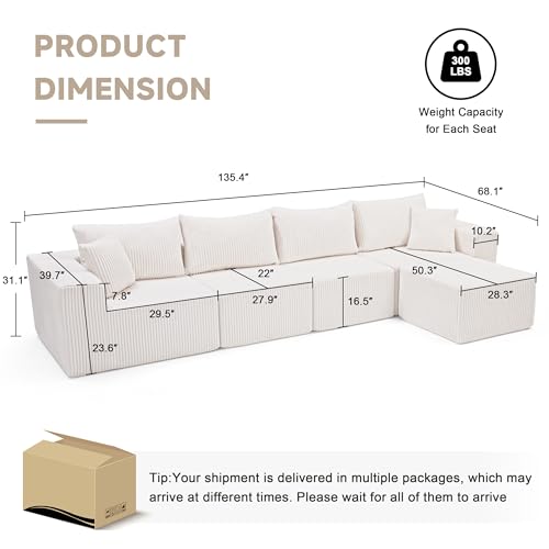 107.4" Cloud Couch Sectional, Modular Sofa with Deep Seat, Plush Corduroy L Shaped Boneless Couch, Convertible Sectional Couches for Living Room