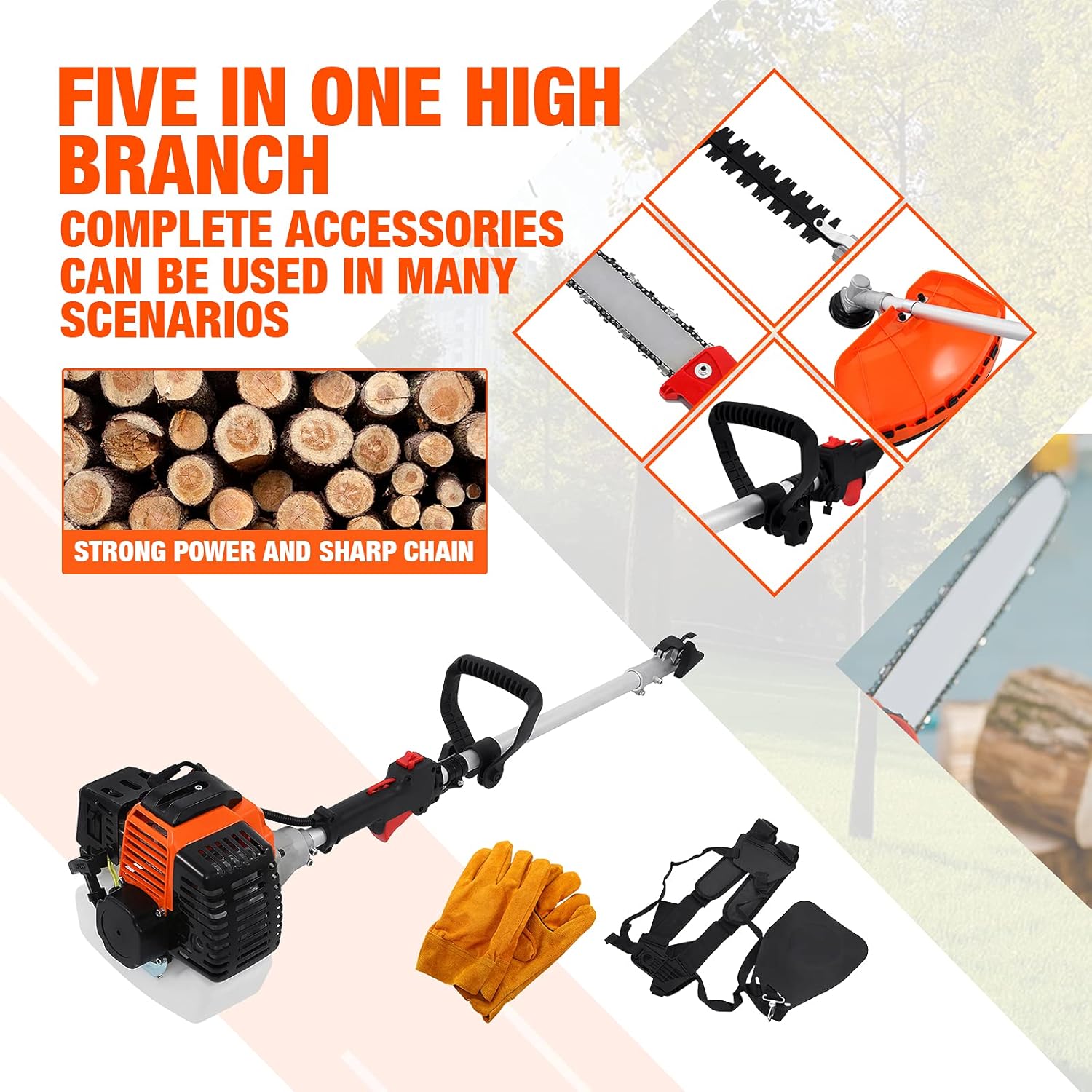 Samger 52CC 5 in 1 Gas Pole Saw Hedge Trimmer Straight Shaft Brush Cutter with Extension Pole