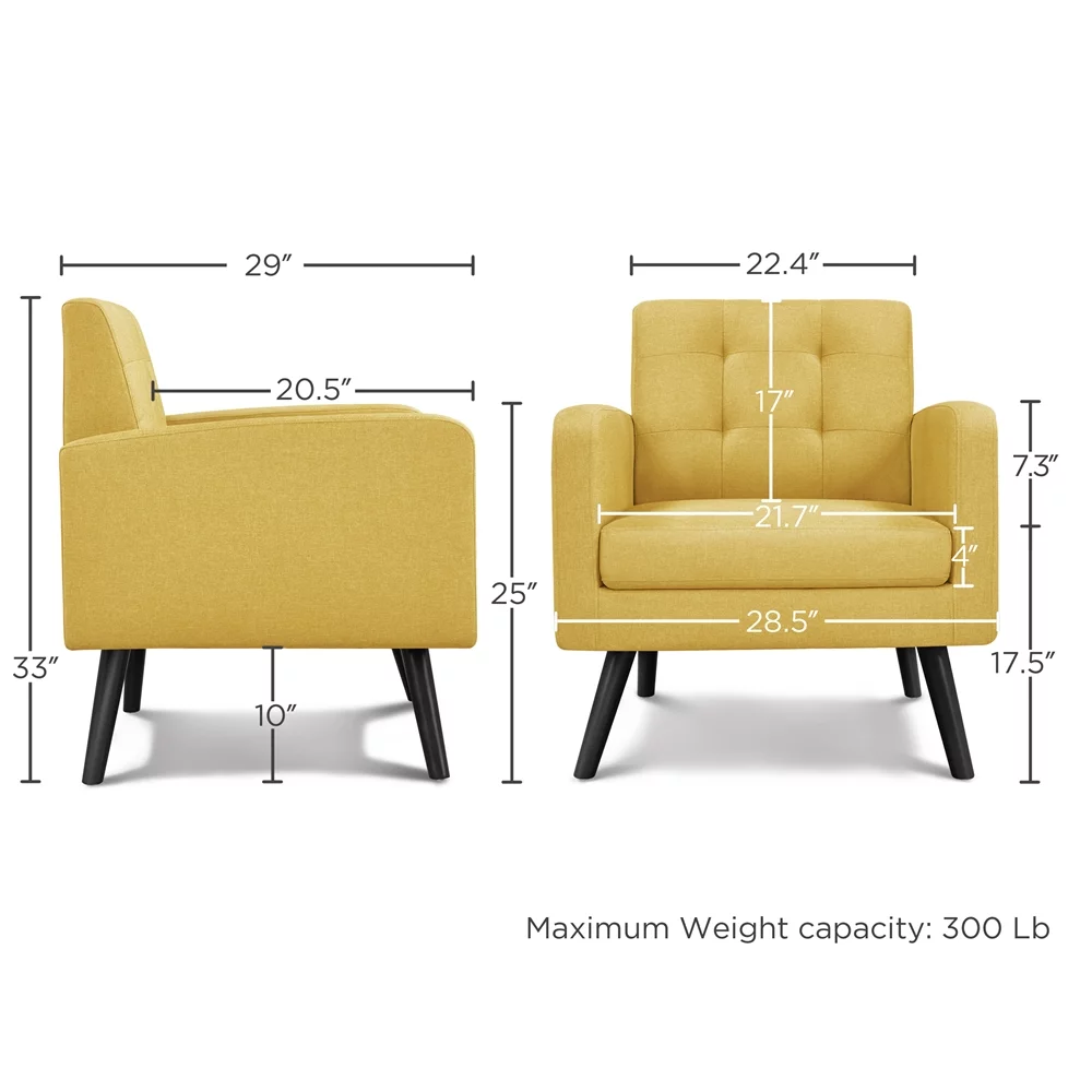 Yaheetech 2pcs Mid Century Fabric Arm Chair Tufted Accent Chair with Wooden Leg, Yellow