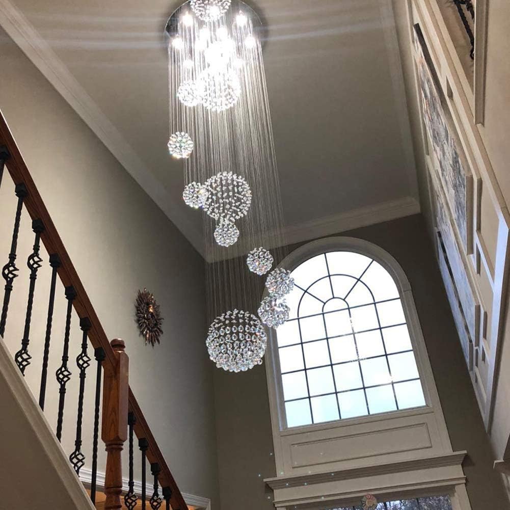 Staircase Crystal Chandeliers, Siljoy Modern 11 Sphere Spiral K9 Rain Drop Ceiling Light Fixture for Hotels Villas, 13 Lights, Dia 31.5 X H86.6