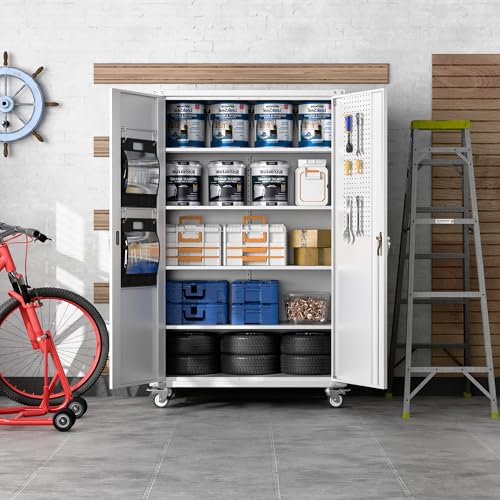 71" Metal Storage Cabinet with Wheels and Pegboard, Lockable Rolling Steel Storage Cabinet with 5 Adjustable Shelves and Door for Garage, Office