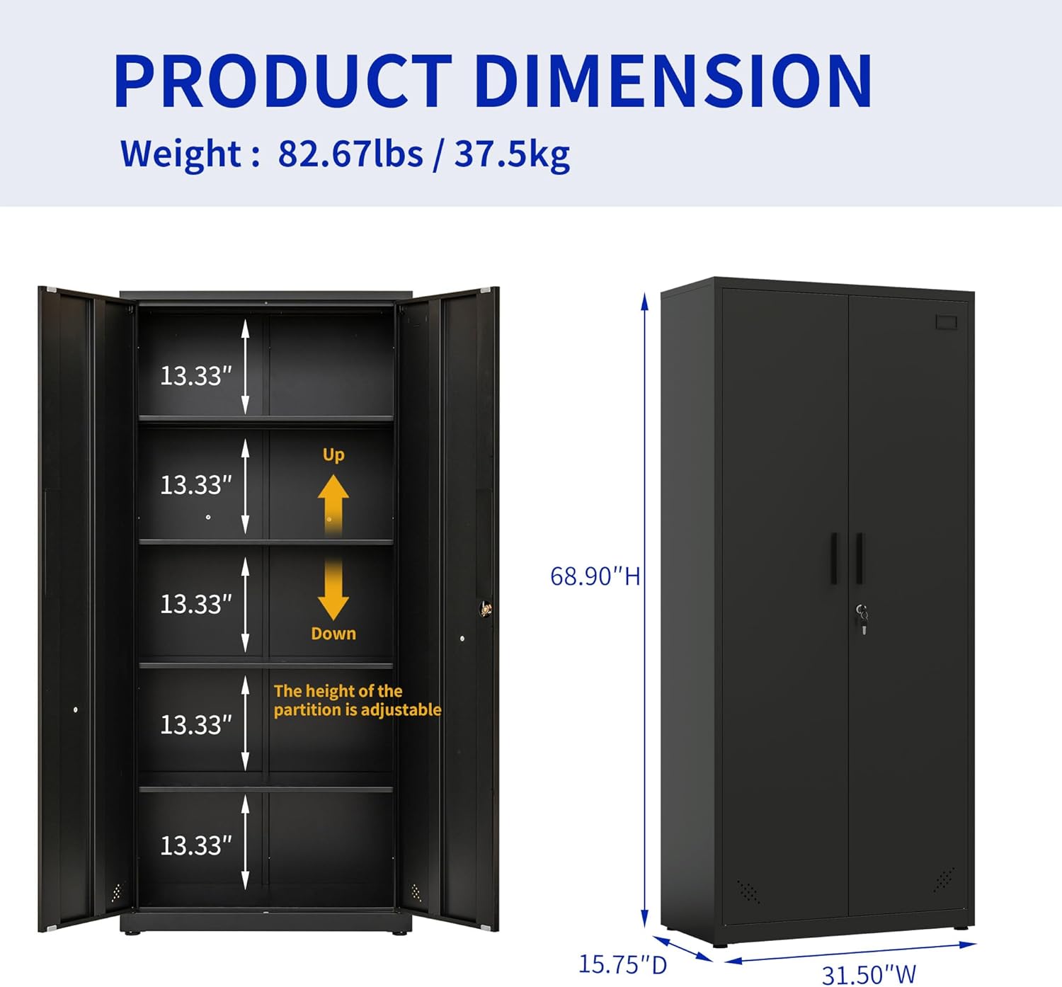 Metal Garage Storage Cabinet, Tall Locking Steel Storage Cabinet with 2 Doors and 4 Adjustable Shelves,Lockable Storage Cabinet for Home, Office