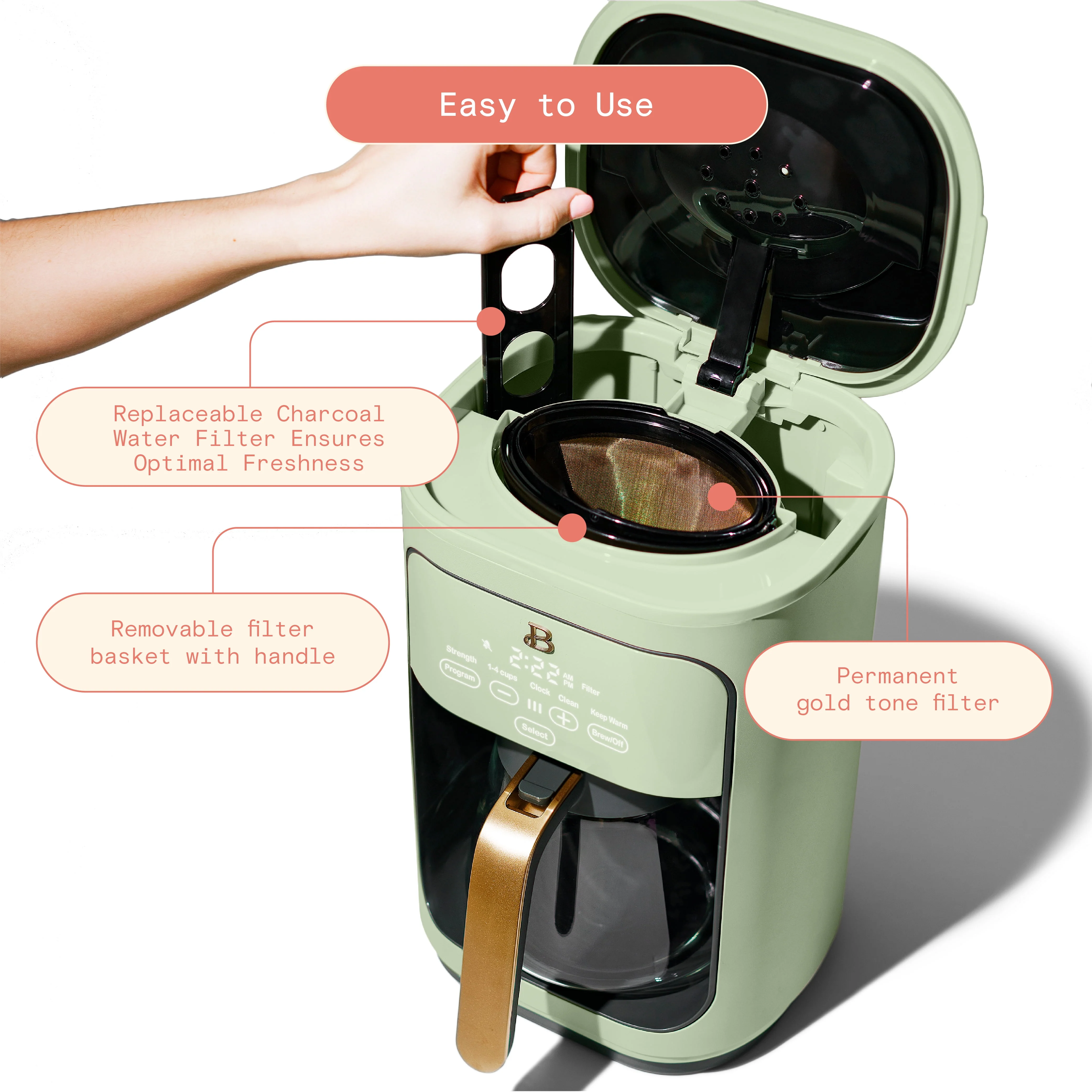Beautiful 14-Cup Programmable Drip Coffee Maker with Touch-Activated Display, Rose by Drew Barrymore