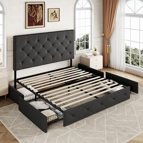 Allewie Upholstered Queen Size Platform Bed Frame with 4 Storage Drawers and Headboard, Square Stitched Button Tufted