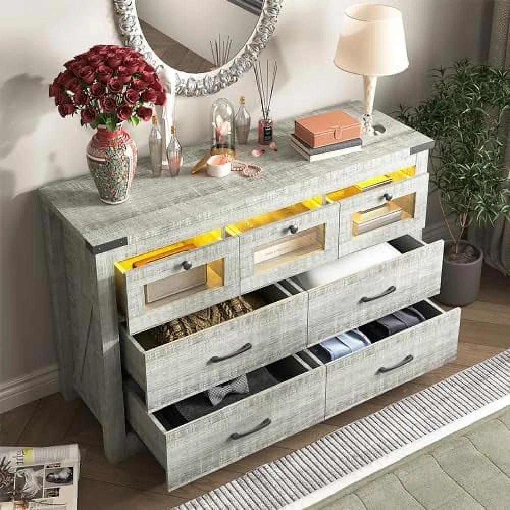 Grey Farmhouse Dresser for Bedroom 7 Drawer Dresser with LED Light  Wood  Dresser Chest of Drawers Wide TV Stand Dresser for Bedroom