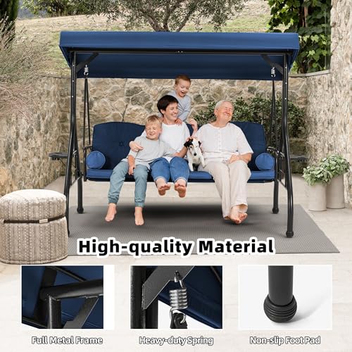 HOMREST 3 Seat Outdoor Porch Swing with Adjustable Canopy, Convertible Patio Swing Bed with Stand, Patio Glider Swing with Upgraded Cup Holder