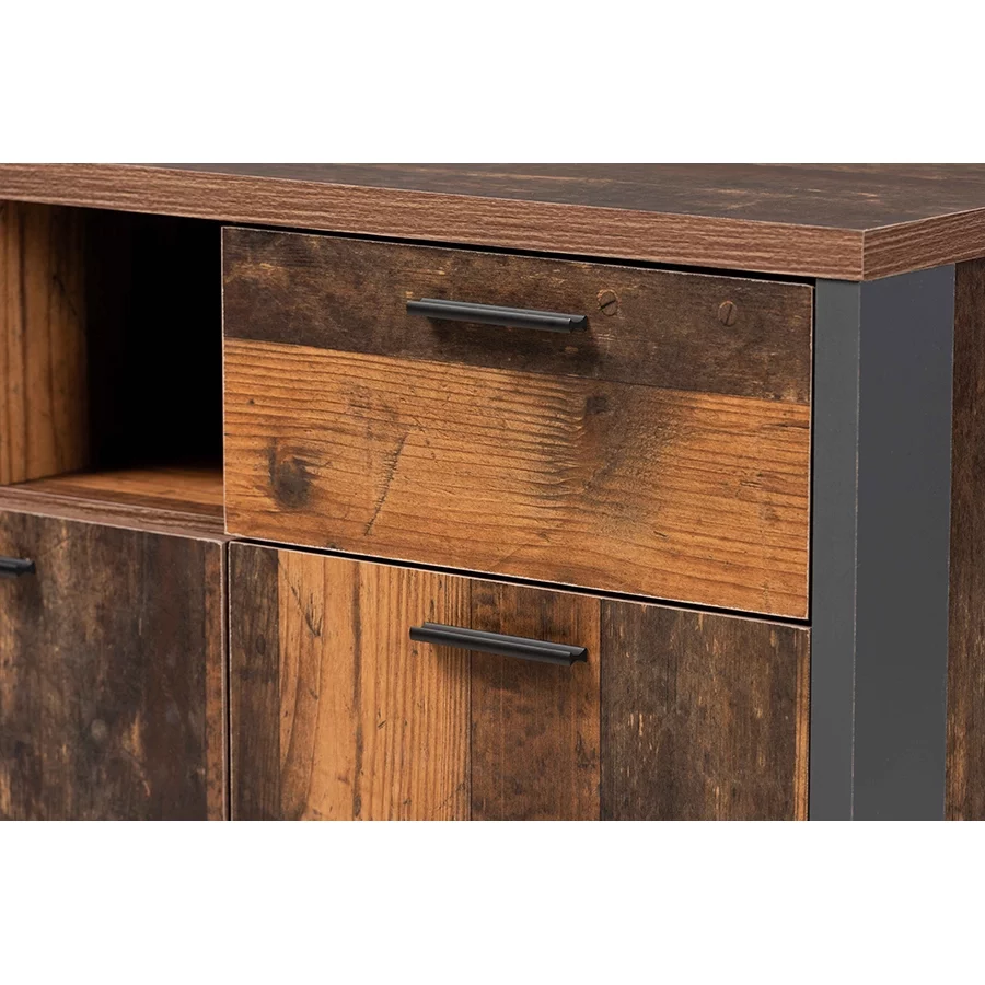 Baxton Studio Ranger Mid-Century Modern Rustic Brown Finished Wood and Grey Metal 2-Door Sideboard Buffet