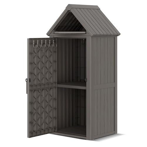 Outdoor Resin Storage Shed, Upgrade Durable Storage Cabinet with Removable Shelves and Lock Ring, Reinforced Floor