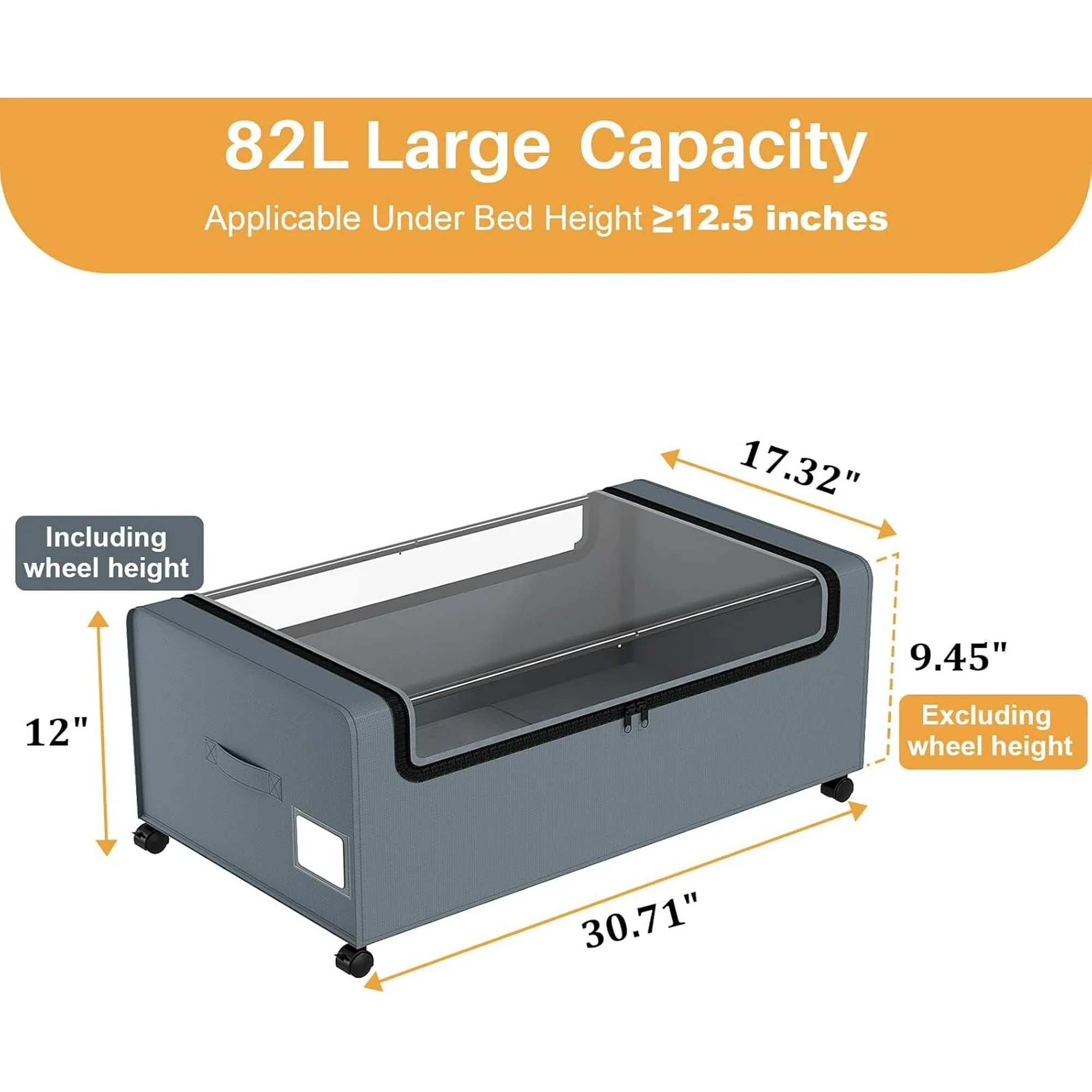 12 inch Under the Bed Storage Bins with Clear Lid, Under Bed Storage Containers with Wheels for Underneath Small Spaces Dorms, Blankets (2 Pack, Grey
