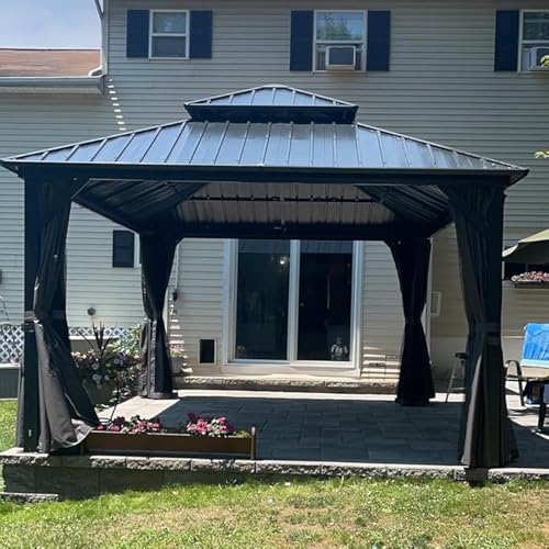 Domi 10’ x 10’ Hardtop Gazebo Metal Frame Canopy with Netting & Curtains
