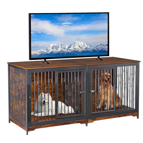 71'' Dog Crate Furniture for 2 Large Medium Dogs, XXL Wooden Indoor Double Crate Kennel Cage Large Breed with Door, TV Stand End Table with Divider