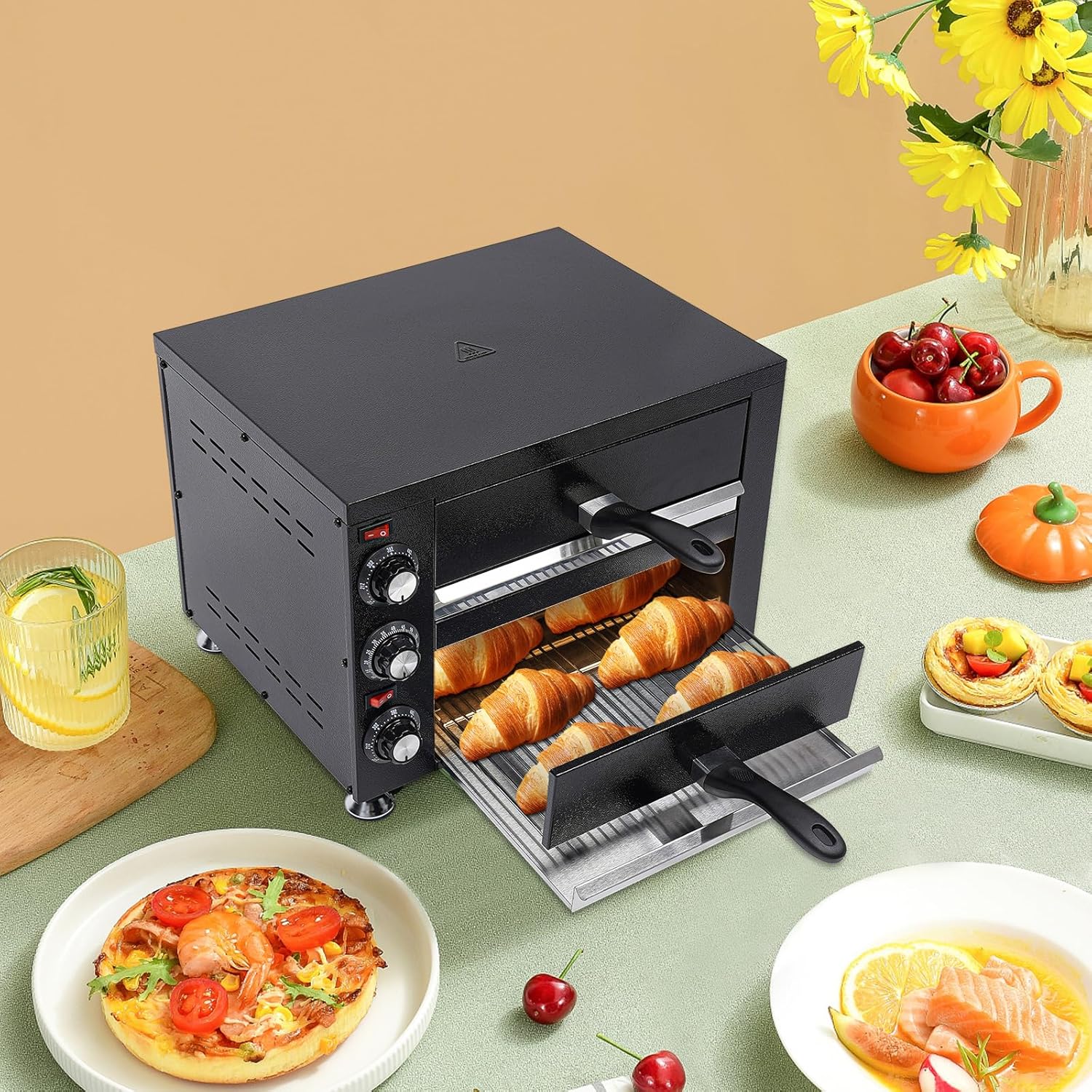 2 Tier Pizza Oven 2200W Stainless Steel Electric Pizza Oven with Trays and Timer