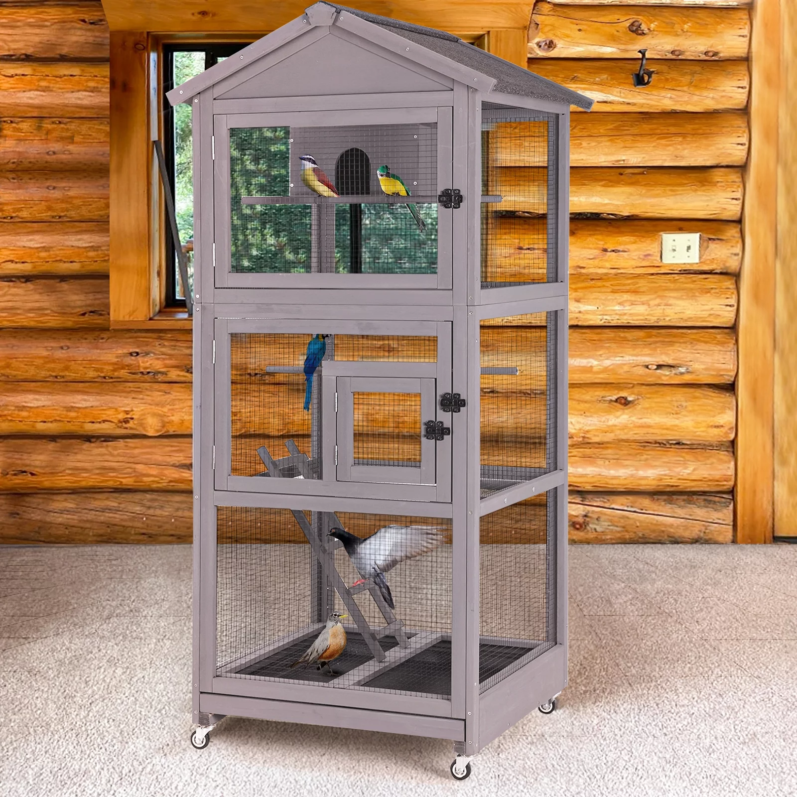Morgete 71'' Large Wooden Birdcages with Stand, Movable Aviary Flight Cage for Parakeets, Cockatiel, Parrot, Finch, Canary