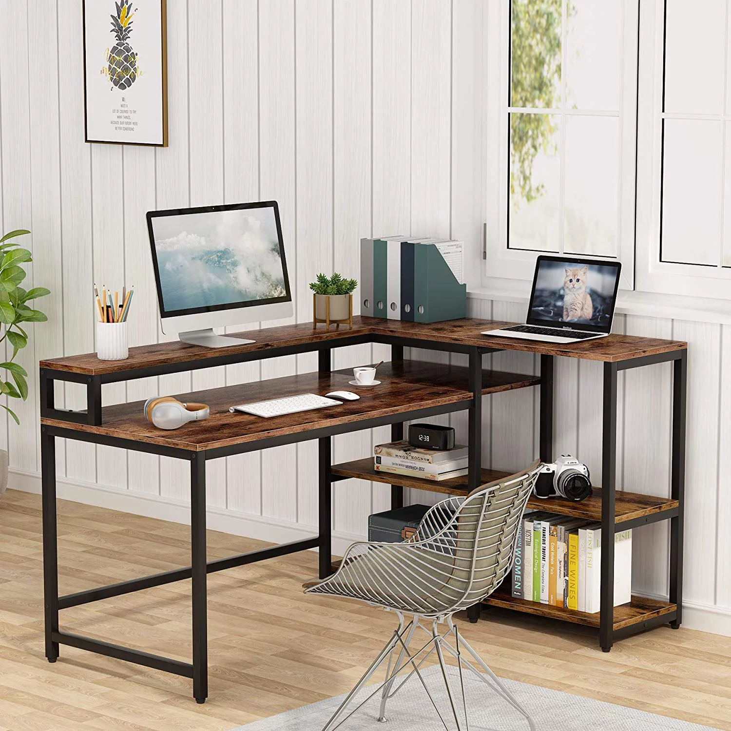 Tribesigns Reversible L Shaped Computer Desk with Hutch and Shelf Industrial Home Office Desk Rustic Brown