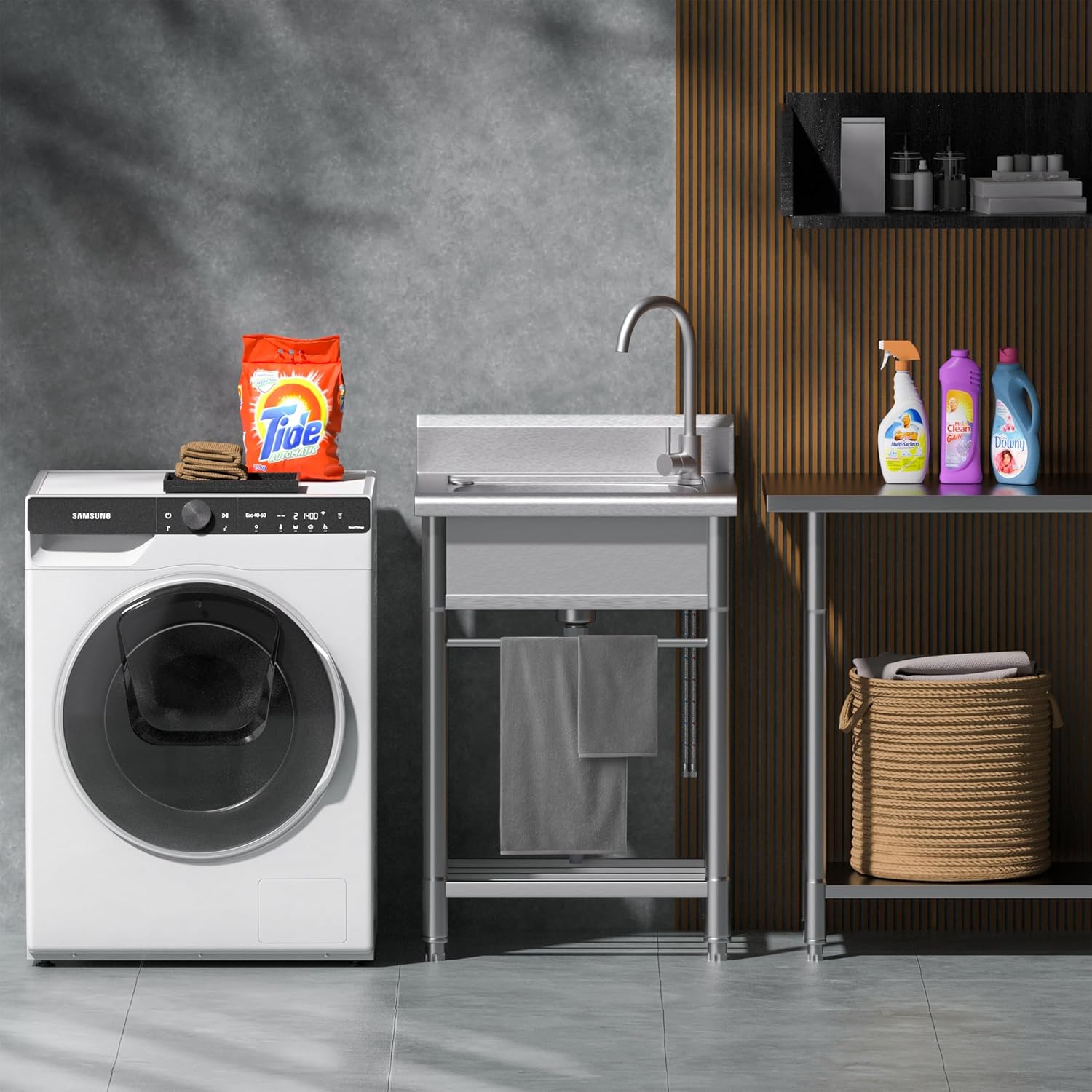 Utility Sink Free Standing Single Bowl Kitchen Sink with Cold and Hot Water Pipe Stainless Steel Sink for Laundry Room Bathroom Farmhouse