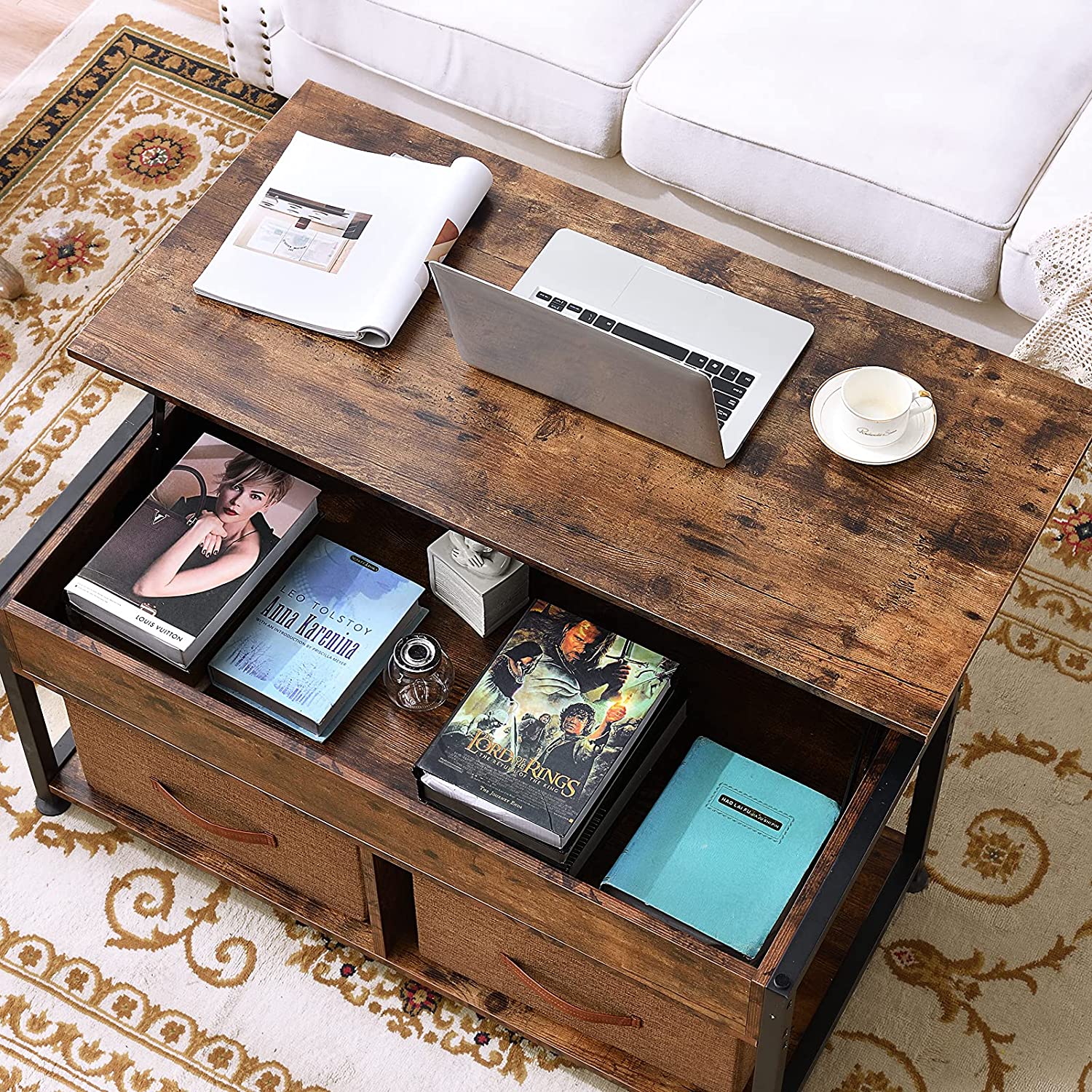Lift Top Coffee Table, Coffee Table with 2 Storage Boxes & Hidden Compartment, Center Table for Living Room, with Storage Shelf and Metal Frame