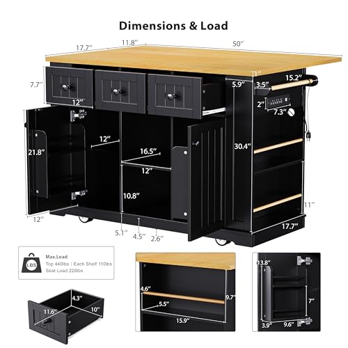 Rolling Kitchen Island with Drop Leaf & Power Outlet, Large Kitchen Islands Cart on Wheels