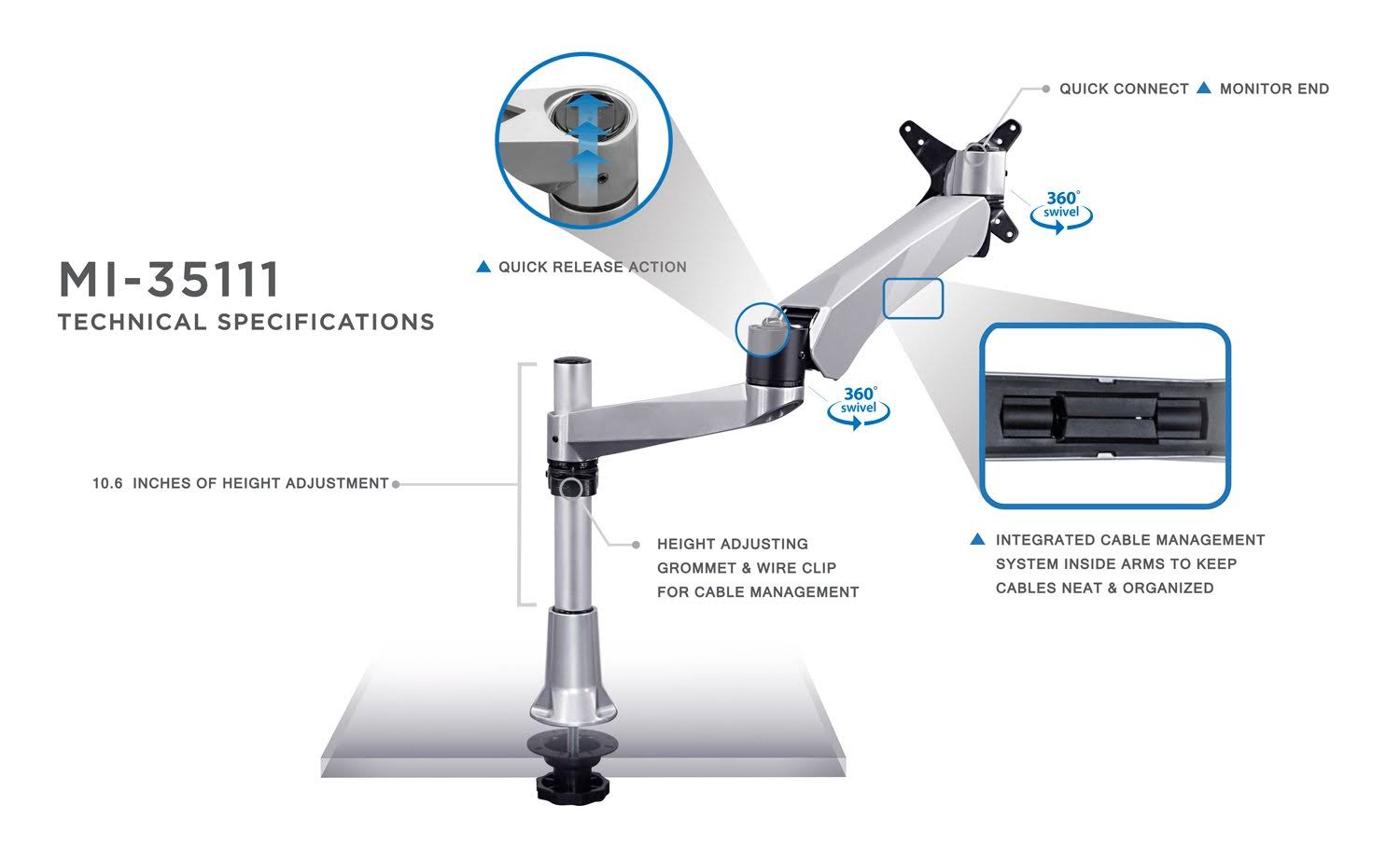 Mount-It Single LCD Monitor Desk Mount, Height Adjustable, Full Motion, Silver