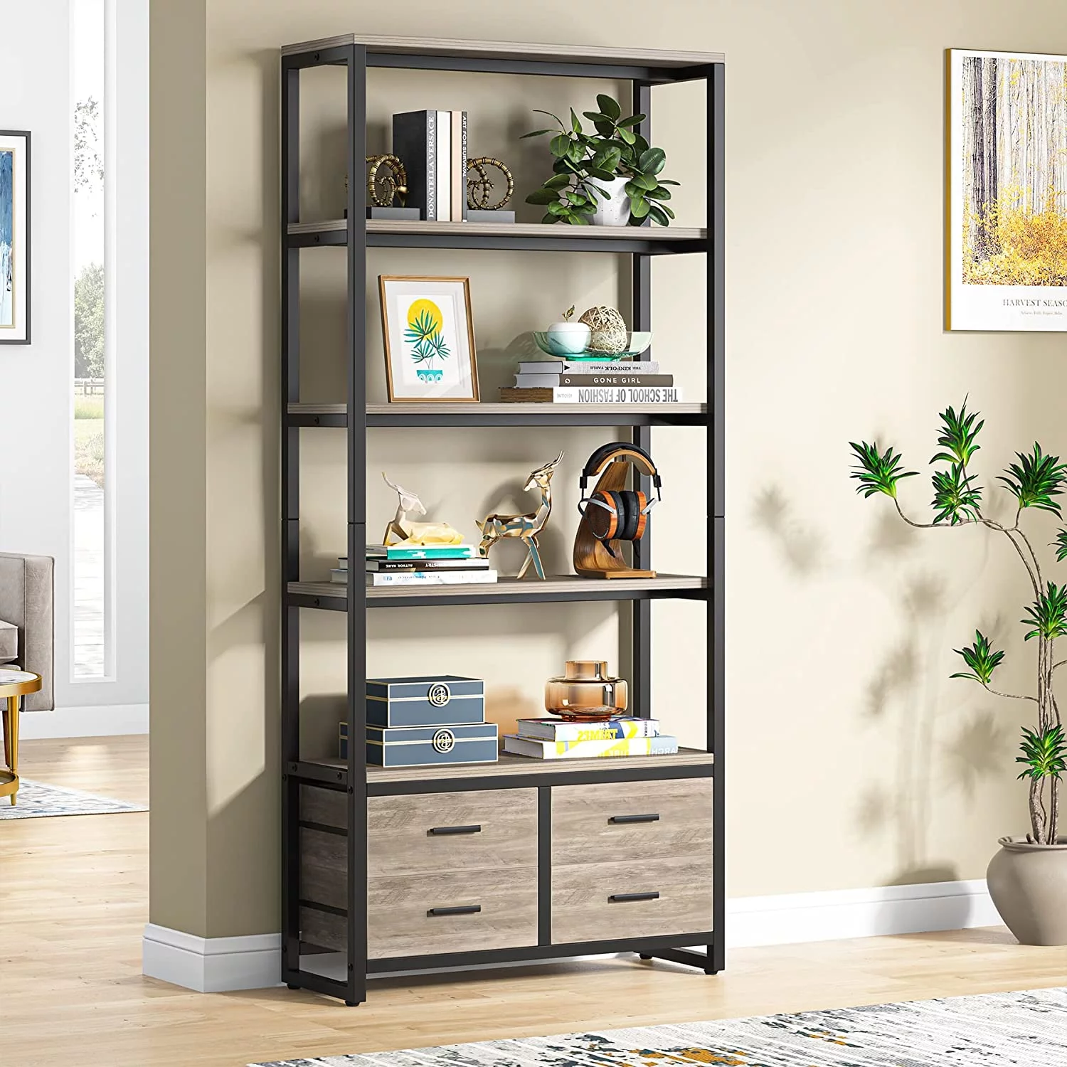 Tribesigns 70.9" Tall Bookshelf, Etagere Bookcase with 4 Drawers